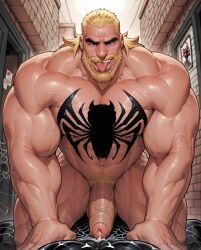 1boy ai_generated bara barazoku cock drvlar eddie_brock gay male male_focus male_only marvel marvel_comics muscular muscular_male penis smug solo venom venom_(marvel) yaoi