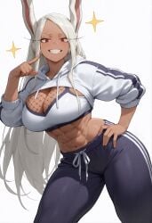 ai_generated big_breasts boku_no_hero_academia bunny_ears clothed dark-skinned_female female female_only jogging_pants looking_at_viewer mirko muscular my_hero_academia orange_eyes reikarts six_pack sports_bra white_background white_hair