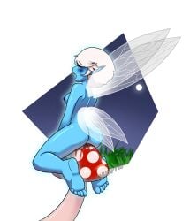 ass big_butt blue_body blue_nipples blue_skin blush blush_lines bodily_fluids breasts closed_eyes fairy feet female fungus genital_fluids grinding hair hi_res humanoid insect_wings mushroom nipples nude open_mouth rear_view short_hair shumpy simple_background solo thick_thighs vaginal_fluids white_background white_hair wide_hips wings