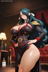 1girl ai_generated azuma_fubuki belt bottle breasts cleavage dress epaulettes hair_over_one_eye hand_on_hip hi_res high_quality high_resolution huge_breasts indoors lips long_hair looking_at_viewer mato_seihei_no_slave military military_uniform patreon savvyraexo seductive sexy smile solo thick_thighs thighs uncensored uniform watermark yellow_eyes