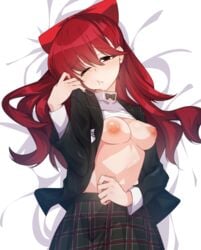 1girls after_fellatio atlus bow breasts commission cum cum_in_mouth cum_string kasumi_yoshizawa lying_down lying_on_back medium_breasts megami_tensei nipples one_eye_closed open_clothes persona persona_5 persona_5_royal ponytail pout puffy_nipples red_eyes red_hair school_uniform shirt_lift skirt sumire_yoshizawa tilt-shift tilt-shift_(azalanz)