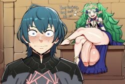 ai_generated blue_hair bottom_heavy byleth_(fire_emblem) byleth_(fire_emblem)_(male) classroom crossed_legs desk fire_emblem fire_emblem:_three_houses flaccid_penis futanari gigantic_balls gigantic_penis goddess green_hair hanging_balls hanging_penis huge_ass letters nervous sitting smug sothis_(fire_emblem) speaking surprised sweat sweating talking teacher teasing text traumatized words