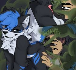 anthro anus artist_name ass balls bipbopstunk bite biting_lip biting_own_lip black_body black_fur black_hair blue_body blue_eyes blue_fur blue_hair canid canine canis claws domestic_dog duo fart fart_cloud fart_fetish fart_sniffing farting_on_another finger_claws fur genitals german_shepherd grey_body grey_eyes grey_fur grey_inner_ear_fluff hair hand_on_leg hand_on_thigh herding_dog hi_res inner_ear_fluff looking_back male male_farting mammal markings mephitid mole_(marking) multicolored_body multicolored_fur narrowed_eyes nose_to_anus one_eye_closed pastoral_dog raised_tail self_bite skunk snaggle_teeth sniffing sound_effects tail tan_body tan_fur text tuft white_body white_fur