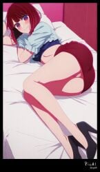 1girl 4k ai_generated anime arima_kana bangs bed blue bob body content crop cut explicit eyes feet full hair heels high legs lying masterpiece mini nsfw on oshi_no_ko pencil perfect plaid polish pose resolution sandals scene screenshot sexy short skirt smiling solo stiletto toenails toes top view with