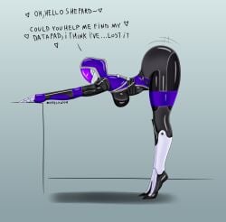 1girls alien_girl ass_bigger_than_head ass_up athletic_female big_ass big_breasts big_butt bodysuit curvy curvy_figure dialogue leaning_forward looking_at_viewer mask masked_female mass_effect motion_lines on_side on_tiptoe quarian simple_background solo_female solo_focus steelknigh tali'zorah_nar_rayya watermark