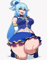 ai_assisted aqua_(konosuba) bare_shoulders blue_eyes blue_footwear blue_hair blue_shirt blue_skirt boots bow breasts detached_sleeves female hair_between_eyes hair_ornament hair_rings kono_subarashii_sekai_ni_shukufuku_wo! large_breasts long_hair looking_at_viewer midriff miniskirt navel open_mouth shirt simple_background single_hair_ring skirt sleeveless smile solo thick_thighs thighs tongue tongue_out white_background