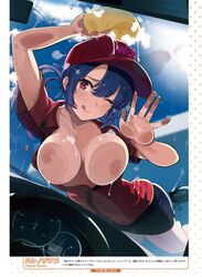 1girls against_glass areola arm_up bangs blue_hair blue_sky blurry blush breast_press breasts breasts_on_glass breasts_out car_interior cleaning clouds collared_shirt day dengeki_moeou hareno_chiame hat large_breasts lens_flare long_hair looking_at_viewer lying miniskirt nipples no_bra on_stomach one_eye_closed ponytail purple_eyes red_shirt shirt shoes skirt sky smile soap sponge tongue tongue_out water wet wing_collar