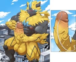 abs absurd_res anthro balls biceps big_muscles black_body blue_eyes blush bodily_fluids building city claws cock_vore cum digital_media_(artwork) erection felid fur generation_7_pokemon genital_fluids genitals hi_res huge_muscles internal legendary_pokemon macro maldu male mammal masturbation multiple_prey muscular muscular_male nintendo penile penis pokemon pokemon_(species) precum sitting sitting_on_building solo urethra vore whiskers yellow_body yellow_fur zeraora