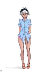 bare_legs black_hair bottomless bottomless_female brown_eyes button_down_shirt cosplay cute cute_face d1975 eva_bell female female_only groin legs marvel marvel_comics mutant_(marvel) pussy_peek rocko's_modern_life shirt shirt_only shoes short_hair smile solo solo_female tempus two-tone_hair white_hair x-men