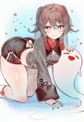 1girls 2026 ai_generated ass bare bare_legs big_thighs black_nails blue_background blush brown_hair bubble_butt closed_mouth clothed clothing color colored double_ponytail female female_only genshin_impact ghost hair hi_res hoyoverse hu_tao_(genshin_impact) jeje_box kneeling legs light-skinned_female light_skin mihoyo ponytail red_eyes simple_background smile solo thick_thighs thighs white_background