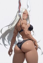 1girls ai_generated ass ass_focus big_ass big_breasts boku_no_hero_academia bra breasts bunny_ears bunny_tail dark-skinned_female female female_only grin lingerie lingerie_only looking_at_viewer mirko muscular muscular_female my_hero_academia panties reikarts solo white_background white_hair