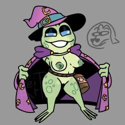 1:1 amphibian anthro areola artzkeith blue_eyes breasts cloak clothing eyelashes female flashing frog front_view genitals green_areola green_body green_nipples grey_background hat headgear headwear hi_res legends_of_avantris nipples nude peggy_(legends_of_avantris) purple_cloak purple_clothing purple_hat purple_headwear simple_background smile solo thick_thighs vulva wide_hips witch_hat