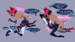 2boys alastor_(hazbin_hotel) anal anal_sex animal_ears animal_tail anmf_b antennae_(anatomy) antlers black_legwear blue_body blue_skin blush blushing bottomless dark-skinned_male dark_skin deer english english_text from_behind from_behind_position gay hazbin_hotel hooves hypnosis long_tongue mind_control moaning naked nude pink_eyes red_eyes red_hair simple_background socks speech_bubble tail tv_head vox_(hazbin_hotel) wagging_tail yaoi