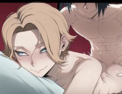 1boy ai_generated ass ass_grab bed castlevania crossover female naruto naruto_(series) pale_skin prone_bone sasuke_uchiha smile sypha_belnades