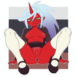 1girls anus anus_hair blue_hair demon female female_only female_pubic_hair flashing flashing_breasts kerotheklutz kneesocks_daemon looking_at_viewer panty_&_stocking_with_garterbelt pubic_hair solo solo_female solo_focus spread_legs vagina