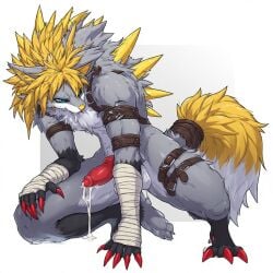 ai_assisted bandaged_arm canine_genitalia canine_humanoid canine_penis digimon digimon_(species) digimon_beatbreak digimon_rearise filmon gay gay_male grey_fur homosexual homosexual_male male/male male_only male_penetrating yellow_hair