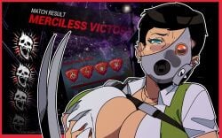 behemaid blue_eyes breasts cleavage dead_by_daylight female gas_mask grabbing_own_breast huge_breasts jewelry large_breasts mask necklace piercing pixie_cut short_hair solo the_skull_merchant weapon youtube_thumbnail yumeko_grabbing_her_breast