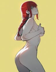 1girls ai_generated chainsaw_man completely_nude completely_nude_female covering_breasts female female_only makima_(chainsaw_man) nude nude_female pinup red_hair solo zloimakak