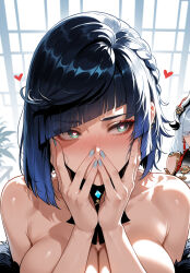 1girls 2girls ai_generated aqua_nails bangs bare_shoulders black_hair blue_hair blue_nails blush bob_cut braid breasts cleavage clothing collarbone covering_own_mouth curvaceous curvaceous_female curvaceous_figure curvy curvy_figure diagonal_bangs dice earrings female female_focus fur_trim genshin_impact gradient_hair green_eyes hair_ornament hands_on_own_face heart-shaped_pupils indoors jewelry large_breasts long_hair looking_at_viewer looking_to_the_side makeup miyuai multicolored_hair multiple_girls nail_polish neck_tassel shenhe_(genshin_impact) short_hair solo_focus symbol-shaped_pupils tassel two-tone_hair uncensored upper_body voluptuous voluptuous_female white_hair yelan_(genshin_impact)