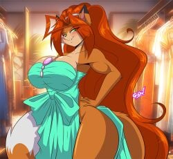 1girls adult adult_female anthro ass beautiful big_ass big_breasts blush breasts canid canine canis cleavage clothed clothing dipstick_ears dipstick_tail dress ears female female_fox female_only fox fox_girl furry green_eyes hand_on_hip long_hair looking_at_viewer mastergodai mature_female milf older_female orange_body orange_fur orange_hair rascals sexy smile smiling smiling_at_viewer solo tail takari_(mastergodai) tan_fur thick_thighs two-tone_body two-tone_fur two-tone_tail vixen white_fur wide_hips