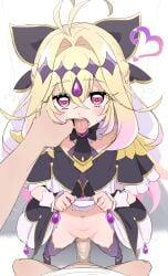 1boy antenna_hair black_dress blonde_hair blush bow breasts brooch censored commentary cure_arcana_shadow diamond_hairband donutman dress erection female forehead_jewel hair_intakes hair_ribbon highres jewelry long_hair looking_at_viewer magical_girl meitantei_precure! moria_luluka navel no_panties open_mouth penis pink_eyes precure pretty_cure purple_thighhighs purple_veil pussy ribbon small_breasts straight thighhighs toei_animation tongue tongue_out two-tone_dress veil white_dress wrist_cuffs