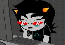 1girls accurate_art_style animated artist_request biting_lip blind blind_girl clenched_teeth clothed clothing computer dark_hair female glasses grey_body hair homestuck homestuck_troll horn horns looking_at_computer masturbation offscreen_masturbation solo_female sunglasses tagme tagme_(artist) tealblood terezi_pyrope unknown_artist watching_porn