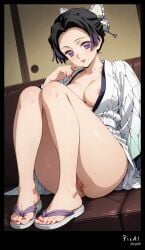 4k 8k ai_generated beautiful bent black body, content couch, demon_slayer detailed, empty explicit eyes, face, feet, hair hair, her high kimetsu_no_yaiba knees, kochou_shinobu legs, lips, lipstick, long makeup, manicures, masterpiece, nail nsfw, on ornament, pedicures, polish purple quality, red resolution, sandals, shape, short skin, sleeves, thighs, toenails, very