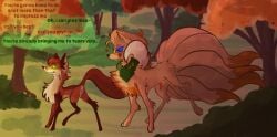 2023 animal_genitalia animal_penis anus canid canine canine_genitalia canine_penis closed_smile dialogue duo english_text fangs female feral feral_on_feral forest fox fur generation_1_pokemon genitals green_eyes hi_res intimate male male/female mammal mouth_closed ninetales nintendo orange_body orange_fur penis penis_tip plant pokemon pokemon_(species) red_fox smile teasing teeth text tree true_fox vulva wispyvixen
