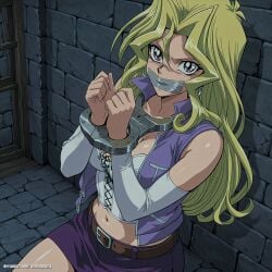 1girls ai_generated blonde_hair bondage bound_wrists cell gag gagged handcuffed looking_at_viewer mai_valentine purple_eyes sitting_on_floor tape_gag yu-gi-oh!