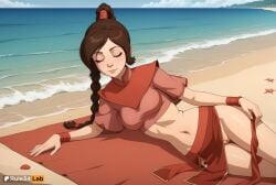 1girls ai_generated artist_name avatar_legends avatar_the_last_airbender beach braid braided_ponytail breasts brown_hair closed_eyes closed_mouth crop_top day female hi_res lips long_hair lying medium_breasts midriff navel nickelodeon nicktoons no_panties ocean on_side outdoors pussy rule34lab sand short_sleeves single_braid sky smile solo ty_lee uncensored water wristband