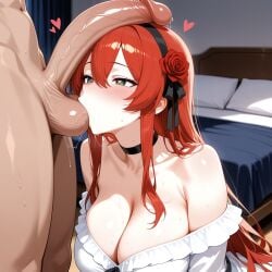 1boy 1girls ai_generated bare_shoulders bed bedroom black_choker black_hairband black_ribbon blouse blush breasts choker cleavage clothed clothed_female clothed_female_nude_male dark-skinned_male ember_paradox green_eyes headband heart heart-shaped_pupils heart_eyes indie_virtual_youtuber indie_vtuber large_breasts large_penis light-skinned_female long_hair naked naked_male nude nude_male penis penis_on_head precum precum_leaking precum_on_penis red_hair red_rose ribbon rose saliva_on_tentacle saliva_string testicle_sucking virtual_youtuber vtuber white_blouse