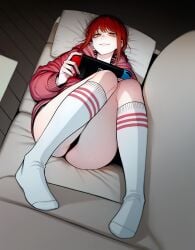 1girls ai_generated chainsaw_man clothed female female_only fully_clothed makima_(chainsaw_man) nintendo_switch pinup red_hair socks solo thighs zloimakak