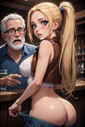 1girls ai_generated arched_back bar blonde-haired_female blonde_female blonde_hair blonde_hair_female blue_eyes blush blush_face blushed_face blushing_at_viewer blushing_female bunny_tail denim denim_bottomwear denim_shorts exposed exposed_ass exposing exposing_ass exposing_self gaze gazing grandpa leather_vest old old_male older older_male older_male_and_younger_female perfect perfect_ass perfect_body perfect_boobs pulling pulling_down_pants pulling_own_clothes pulling_pants_down senior seniorolder_male shocked shocked_expression shocked_face shocked_look shocked_male tanktop vest western white_beard white_hair white_topwear