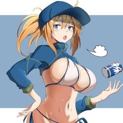 1girls artoria_pendragon baseball_cap bikini blonde_hair blue_eyes blush breasts can fate/grand_order fate_(series) hair_between_eyes hand_on_hip hat large_breasts looking_at_viewer mysterious_heroine_x mysterious_heroine_xx_(foreigner) navel open_mouth outside_border shrug_(clothing) side-tie_bikini sidelocks simple_background stomach swimsuit white_bikini