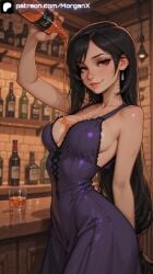 ai_generated bar_(place) black_hair breasts brown_eyes bust_cup cleavage female final_fantasy final_fantasy_vii final_fantasy_vii_remake holding_bottle long_hair looking_at_viewer medium_breasts morganx purple_dress smile tifa_lockhart