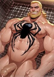 1boy ai_generated bara barazoku cock drvlar eddie_brock gay male male_focus male_only marvel marvel_comics muscular muscular_male penis smug solo venom venom_(marvel) yaoi