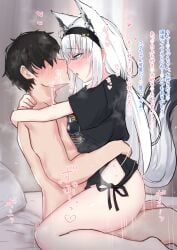 1boy absurdres animal_ear_fluff animal_ears black_hair black_hairband black_shirt blue_eyes blush breasts clothed_female_nude_male commentary_request extra_ears eye_contact female fox_ears fox_girl fox_tail hairband heart highres hololive hug long_hair looking_at_another low_twintails medium_breasts nude official_alternate_costume open_mouth paid_reward_available pikacchi sex shirakami_fubuki shirakami_fubuki_(loungewear) shirt short_sleeves side-tie_shirt sound_effects straddling straight tail translation_request twintails upright_straddle variant_set virtual_youtuber white_hair