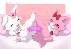 2026 absurd_res anus bedding biped bipedal_feral blush blush_lines bodily_fluids bow_accessory cheek_tuft cherry cherry_blossom closed_eyes closed_smile colored digital_drawing_(artwork) digital_media_(artwork) dildo domestic_cat double_dildo duo duo_focus ejaculation emanata facial_tuft felid feline felis female female/female female_feral feral feral_focus feral_on_feral floppy_ears flower flower_accessory fluffy fluffy_tail food fruit fur garnet_(jewelpet) gem genital_fluids genitals group hand_on_face hi_res jewelpet jewelry lagomorph leporid licking licking_lips looking_at_another looking_at_partner lying mammal mouth_closed neck_tuft necklace on_back open_mouth open_smile orgasm pawpads paws pearl_(gem) pearl_necklace penetration pillow pink_anus pink_body pink_dildo pink_ears pink_eyes pink_face pink_flower pink_fur pink_inner_ear pink_nose pink_pawpads pink_paws pink_sparkles pink_tail pink_text pink_tongue plant prunus_(flower) purple_pillow rabbit raised_leg raised_paw red_bow ruby_(jewelpet) sanrio scut_tail sega_fave sex_toy short_tail signature simple_background simultaneous_orgasms smile sparkles tail text tongue tongue_out tuft vaginal_fluids vaginal_fluids_on_dildo vaginal_penetration vaginal_squirting vaginal_squirting_while_penetrated vulva white_bedding white_body white_face white_fur white_legs white_mouth white_tail white_tuft zyuuniie