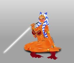 1girls ahsoka_tano alien_girl athletic athletic_female big_ass big_breasts big_thighs blush curvy curvy_figure dancer_outfit female female_only gold_(metal) gold_choker gold_collar gold_jewelry lightsaber looking_at_viewer on_knees orange_body orange_skin simple_background slave_girl slave_leia_(cosplay) slave_outfit smile smiling smiling_at_viewer solo star_wars steelknigh thick_thighs thighs togruta tribal_markings tribal_tattoo watermark white_hair