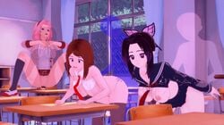 3d 3dbabes 3girls animated big_breasts breasts brown_hair classroom crossover demon_slayer desk doggy_style female female_focus kimetsu_no_yaiba kochou_shinobu koikatsu male modern_au modern_setting multiple_boys multiple_girls my_hero_academia naruto naruto_shippuden ochako_uraraka pink_hair sakura_haruno school_uniform shounen_jump standing_sex tagme vaginal_penetration