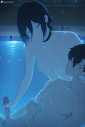 1boy ai_generated black_choker black_hair breasts chainsaw_man choker collarbone cowgirl_position digitalwaifugallery female green_eyes hair_between_eyes hair_bun handjob hi_res high_quality high_resolution medium_hair mosaic_censoring night nipples nude patreon penis pool reze_(chainsaw_man) seductive sexy smile straight uncensored watermark