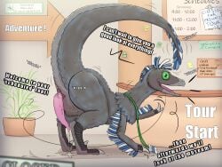 4:3 anjydrawslewd ass claws dialogue dinosaur english_text feathered_dinosaur feathered_scalie feathers feral grey_body hi_res male nude open_mouth prehistoric_species presenting presenting_hindquarters pupil raised_tail reptile scalie solo_focus tail tail_butt text