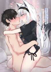 1boy absurdres animal_ear_fluff animal_ears black_hair black_hairband black_shirt blue_eyes blush breasts closed_mouth clothed_female_nude_male commentary_request extra_ears eye_contact female fox_ears fox_girl fox_tail hairband heart highres hololive hug long_hair looking_at_another low_twintails medium_breasts nude official_alternate_costume paid_reward_available pikacchi sex shirakami_fubuki shirakami_fubuki_(loungewear) shirt short_sleeves side-tie_shirt straddling straight tail translation_request twintails upright_straddle variant_set virtual_youtuber white_hair