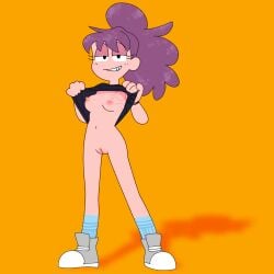 areolae caucasian clothed day_job flashing flashing_breasts flashing_pussy kerotheklutz lifting_shirt lily_(day_job) looking_at_viewer navel nipples oversized_shirt ponytail purple_hair shoes smiling socks vagina
