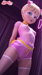 ai_generated aiuniverse56 blonde_hair blue_eyes covered_nipples domino_mask fishnet_shirt fishnet_stockings miraculous:_tales_of_ladybug_and_cat_noir miraculous_ladybug pig_ears rose_lavillant short_hair shorts small_breasts stable_diffusion stockings