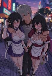 1boy 2girls before_sex black_hair blue_dress boy dating edit gray_hair hi_res hibiki_(sekirei) highres hikari_(sekirei) huge_ass huge_breasts inminent_sex maid red_dress seductive seductive_look seductive_smile sekirei sisters symmetrical_docking twins wise_(zenless_zone_zero) zenless_zone_zero