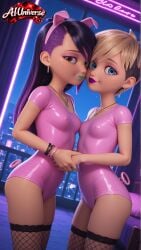 ai_generated aiuniverse56 blonde_hair blue_eyes brown_eyes covered_nipples green_lipstick juleka_couffaine long_hair miraculous:_tales_of_ladybug_and_cat_noir miraculous_ladybug multicolored_hair pig_ears pig_girl purple_hair purple_lipstick rose_lavillant short_hair small_breasts stable_diffusion stockings