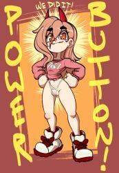 absurd_res bodily_fluids chainsaw_man clothing eyelashes female footwear front_view genital_fluids genitals hair hands_on_hips hi_res horn horned_humanoid humanoid jellot jellotsok long_hair looking_at_viewer navel orange_background pink_clothing pink_hair pink_topwear plump_labia power_(chainsaw_man) pupils pussy_floss red_background red_eyes red_horn shoes simple_background smile solo tan_body tan_skin text thick_thighs thong topwear underwear unusual_pupils vaginal_fluids vulva white_clothing white_footwear white_shoes white_thong white_underwear wide_hips