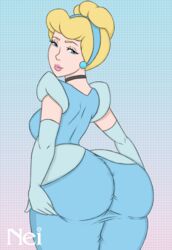 1girls artist_logo ass back_view big_ass blonde_hair blue_dress blue_eyes butt_focus choker cinderella_(1950_film) cinderella_(disney) disney disney_princess dress female female_only female_protagonist gloves hairband long_gloves looking_at_viewer looking_back makeup ne1v1a png princess_dress rear_view shoulder_gloves solo