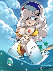 absurd_res anthro areola ball beach beach_ball big_breasts bikini black_horn blue_eyes blue_sclera bovid breasts brown_nose caprine clothing cloud ears_down eyelashes female front_view fur genitals hi_res holding_beach_ball horn idw_publishing inflatable lanolin_the_sheep_(sonic) mammal navel nipples open_mouth pink_areola pink_nipples pivoted_ears pubes sea sega sheep shumpy sky solo sonic_(series) sonic_the_hedgehog_(comics) sonic_the_hedgehog_(idw) sonic_the_hedgehog_(series) swimwear tan_body tan_fur thick_thighs two-piece_swimsuit vulva wardrobe_malfunction water white_body white_fur white_pubes wide_hips yellow_bikini yellow_clothing yellow_swimwear